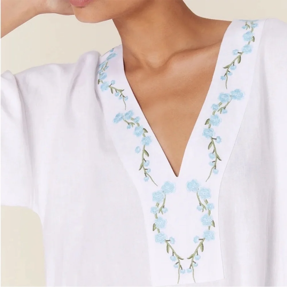 NWT Andie x Fanm Mon KEPEZ DRESS LINEN CAFTAN NEW White Blue EMBROIDERED size XL - Picture 6 of 11